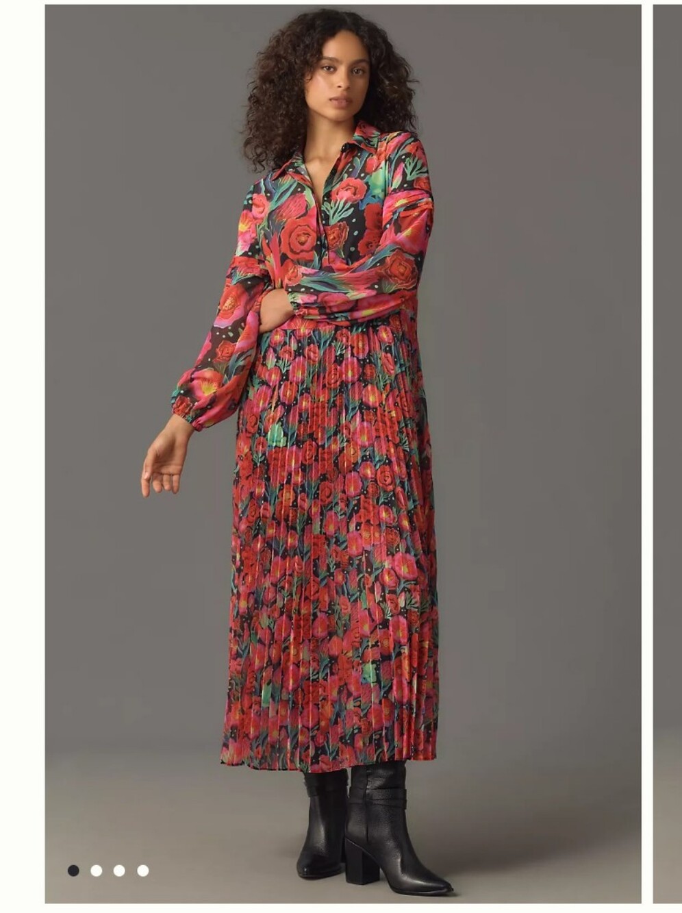 Farm Rio x Anthropologie Pleated Drop-Waist Maxi Dress Floral Long Sleeve Small
